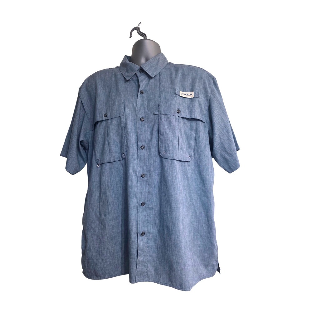 Magellan Outdoors Fish Gear Mens‎ Large Blue Short Sleeve Fishing Shirt Relaxed